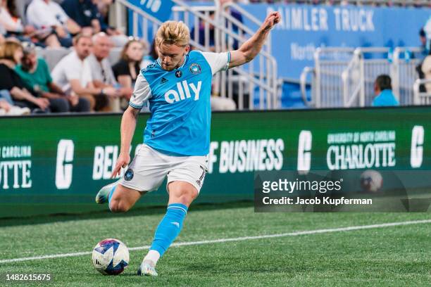 Kamil Jóźwiak of Charlotte FC passes the ball against the Colorado Rapids during their game at Bank of America Stadium on April 15, 2023 in...