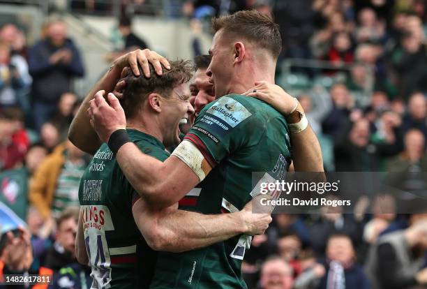 Chris Ashton of Leicester Tigers celebrates with team mates after scoring the 99th try of his career during the Gallagher Premiership Rugby match...