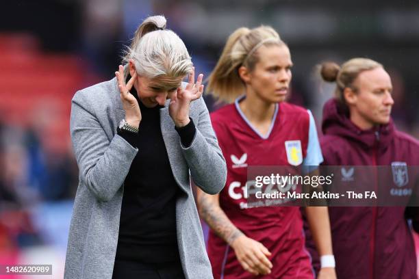 Carla Ward, Manager of Aston Villa, reacts following the Vitality Women's FA Cup Semi Final match between Aston Villa and Chelsea FC at Poundland...