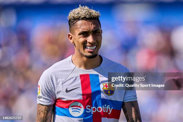 Raphinha of FC Barcelona reacts during the LaLiga Santander match between Getafe CF and FC Barcelona at Coliseum Alfonso Perez on April 16, 2023 in...