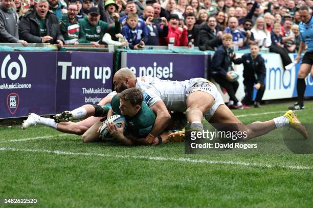 Chris Ashton of Leicester Tigers is fouled by Olly Woodburn of Exeter Chiefs leading to a second yellow card during the Gallagher Premiership Rugby...