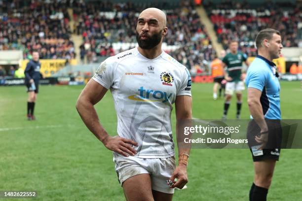 Olly Woodburn of Exeter Chiefs reacts after being shown a red card and being sent off during the Gallagher Premiership Rugby match between Leicester...