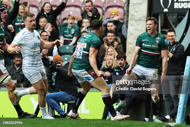 Chris Ashton of Leicester Tigers celebrates his 100th career try during the Gallagher Premiership Rugby match between Leicester Tigers and Exeter...