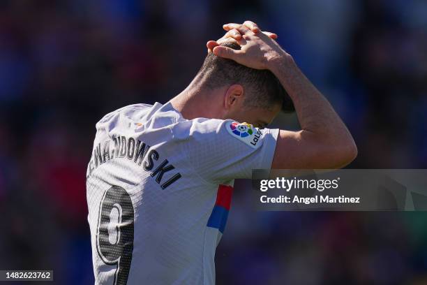 Robert Lewandowski of FC Barcelona reacts during the LaLiga Santander match between Getafe CF and FC Barcelona at Coliseum Alfonso Perez on April 16,...