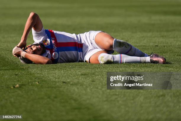 Ronald Araujo of FC Barcelona reacts during the LaLiga Santander match between Getafe CF and FC Barcelona at Coliseum Alfonso Perez on April 16, 2023...