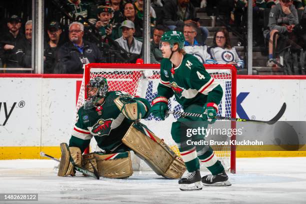 Marc-Andre Fleury of the Minnesota Wild tends goal in the third period of the game against the Winnipeg Jets at Xcel Energy Center on April 11, 2023...