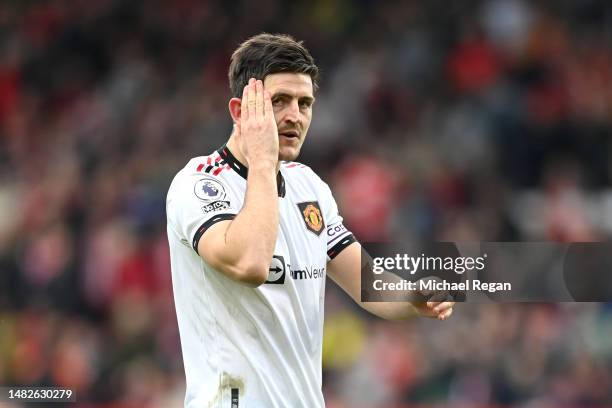 Harry Maguire of Manchester United reacts during the Premier League match between Nottingham Forest and Manchester United at City Ground on April 16,...