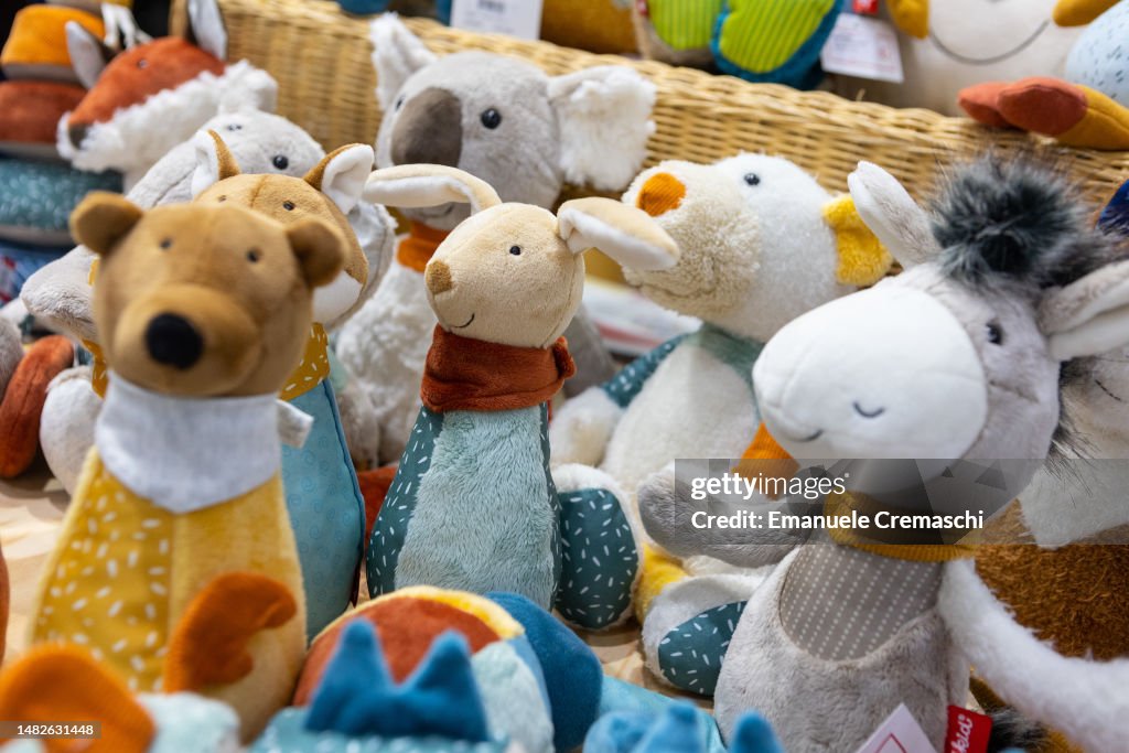 Stuffed animal toys sit on display during Toys Milano 2023 at Allianz Stuffed animal toys sit on display during Toys Milano 2023 at Allianz