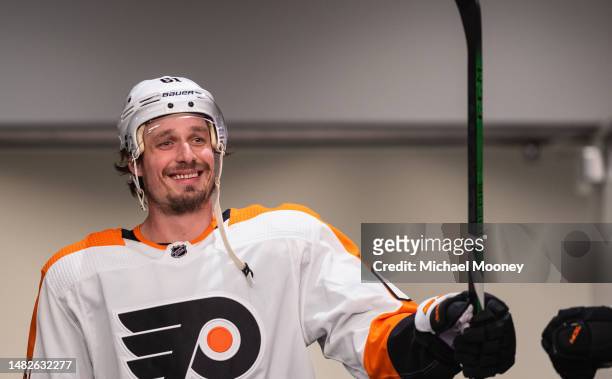 Justin Braun of the Philadelphia Flyers waits for warmups to begin prior to the game against the New York Islanders at UBS Arena on April 08, 2023 in...