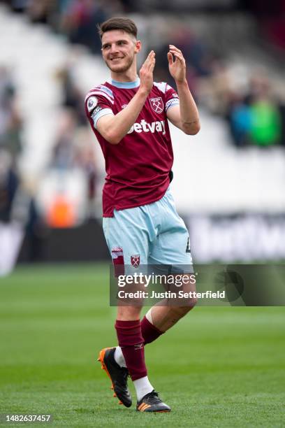 Declan Rice of West Ham United reacts after the Premier League match between West Ham United and Arsenal FC at London Stadium on April 16, 2023 in...