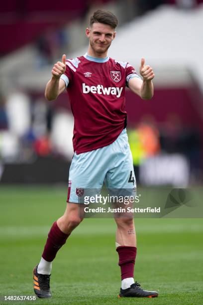 Declan Rice of West Ham United reacts after the Premier League match between West Ham United and Arsenal FC at London Stadium on April 16, 2023 in...