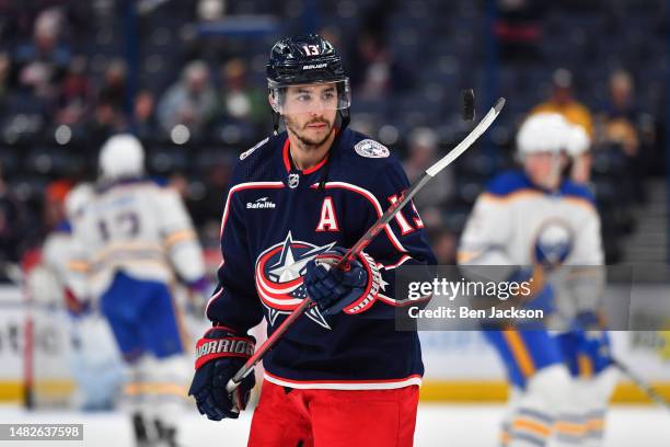 Johnny Gaudreau of the Columbus Blue Jackets warms up prior to a game against the Buffalo Sabres at Nationwide Arena on April 14, 2023 in Columbus,...