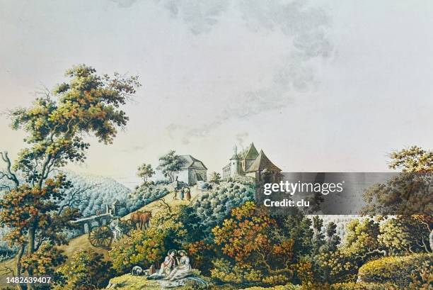 tübingen hohenentringen castle, 1790 - german landscape stock illustrations