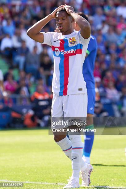 Ansu Fati of FC Barcelona reacts during the LaLiga Santander match between Getafe CF and FC Barcelona at Coliseum Alfonso Perez on April 16, 2023 in...