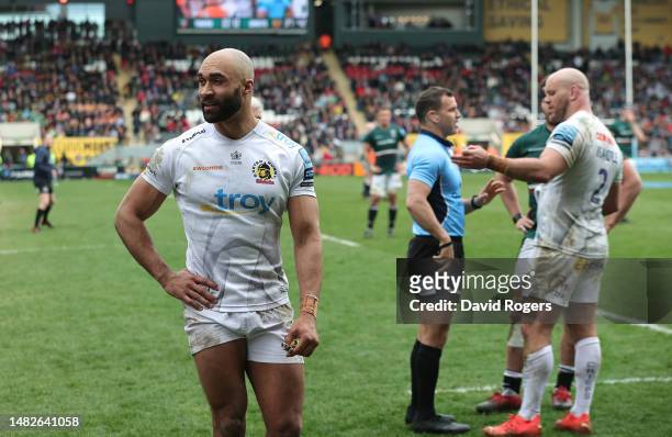 Olly Woodburn of Exeter Chiefs looks on prior to being shown a red card for a tackle on Chris Ashton during the Gallagher Premiership Rugby match...