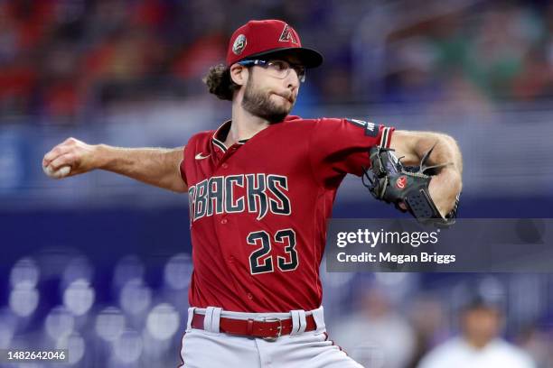 Zac Gallen of the Arizona Diamondbacks delivers a pitch against the Miami Marlins during the first inning at loanDepot park on April 16, 2023 in...