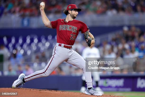 Zac Gallen of the Arizona Diamondbacks delivers a pitch against the Miami Marlins during the first inning at loanDepot park on April 16, 2023 in...