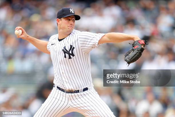 Gerrit Cole of the New York Yankees pitches in the first inning against the Minnesota Twins at Yankee Stadium on April 16, 2023 in the Bronx, New...