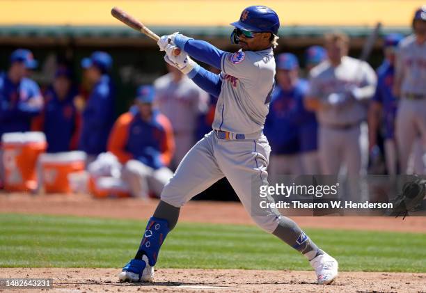 Francisco Lindor of the New York Mets bats against the Oakland Athletics in the top of the fourth inning at RingCentral Coliseum on April 15, 2023 in...