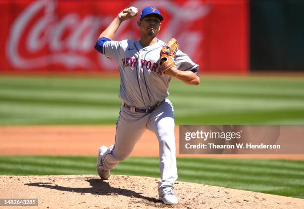 Carlos Carrasco of the New York Mets pitches against the Oakland Athletics in the top of the second inning at RingCentral Coliseum on April 15, 2023...