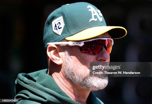 Manager Mark Kotsay of the Oakland Athletics looks on from the dugout prior to the start of the game against the New York Mets at RingCentral...