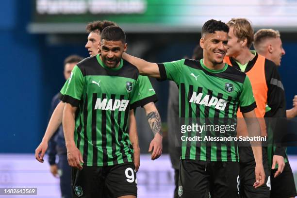 Gregoire Defrel of US Sassuolo celebrates with teammate Abdou Harroui during the Serie A match between US Sassuolo and Juventus at Mapei Stadium -...