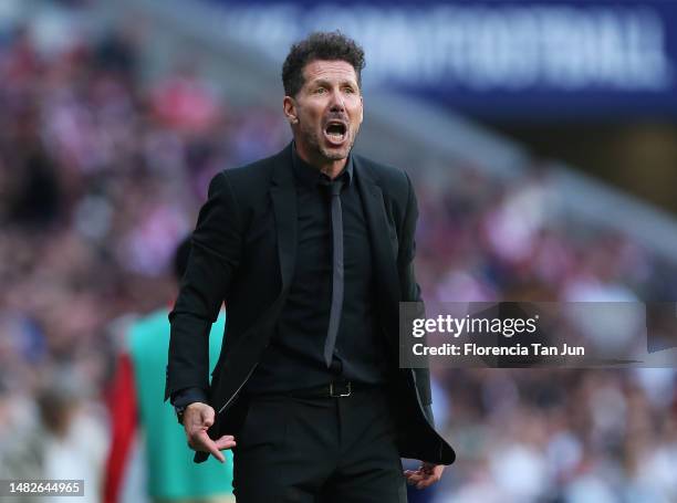 Diego Simeone, Head Coach of Atletico Madrid, reacts during the LaLiga Santander match between Atletico de Madrid and UD Almeria at Civitas...