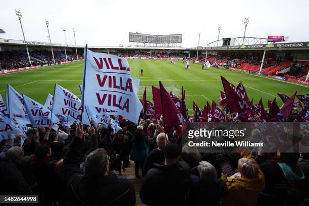 Aston Villa fans before the Vitality Women's FA Cup Semi Final between Aston Villa and Chelsea at Poundland Bescot Stadium on April 16, 2023 in...