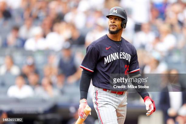 Byron Buxton of the Minnesota Twins reacts after striking out swinging in the first inning against the New York Yankees at Yankee Stadium on April...