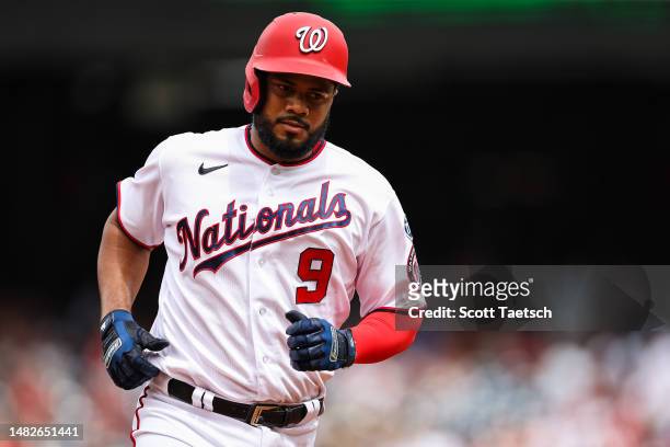 Jeimer Candelario of the Washington Nationals runs the bases after hitting a home run against the Cleveland Guardians during the third inning at...