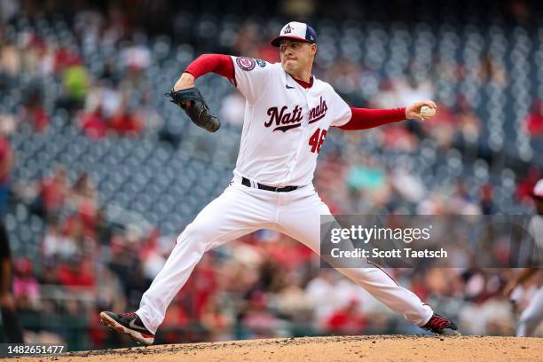 Patrick Corbin of the Washington Nationals pitches against the Cleveland Guardians during the third inning at Nationals Park on April 16, 2023 in...