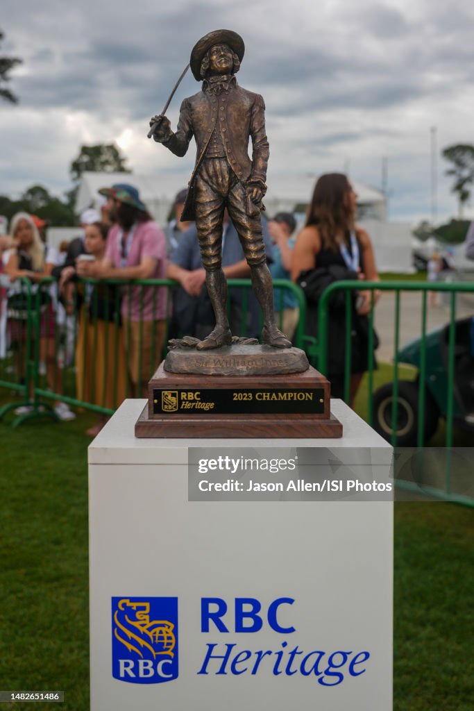 The RBC Heritage trophy on display at the 1st tee during Round Four ...