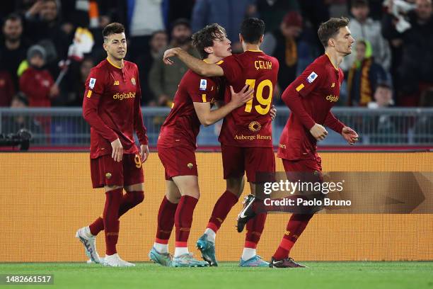 Edoardo Bove of AS Roma celebrates with Zeki Celik after scoring the team's first goal during the Serie A match between AS Roma and Udinese Calcio at...