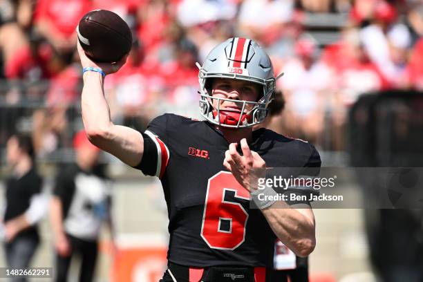 Quarterback Kyle McCord of the Ohio State Buckeyes warms up prior to the Spring Game at Ohio Stadium on April 15, 2023 in Columbus, Ohio.