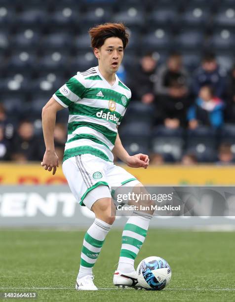 Yuki Kobayashi of Celtic controls the ball during the Cinch Scottish Premiership match between Kilmarnock FC and Celtic FC at on April 15, 2023 in...