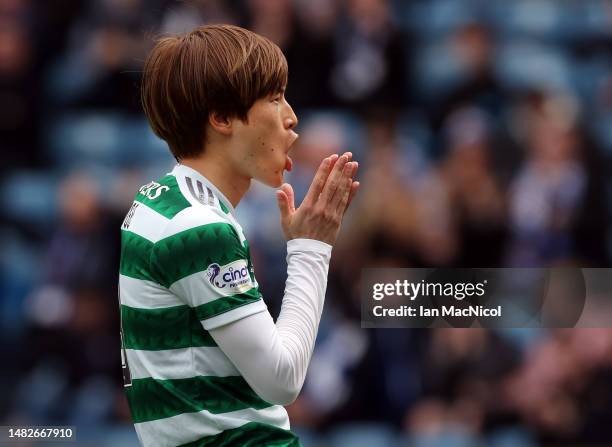Kyogo Furuhashi of Celtic reacts after missing a penalty during the Cinch Scottish Premiership match between Kilmarnock FC and Celtic FC at on April...