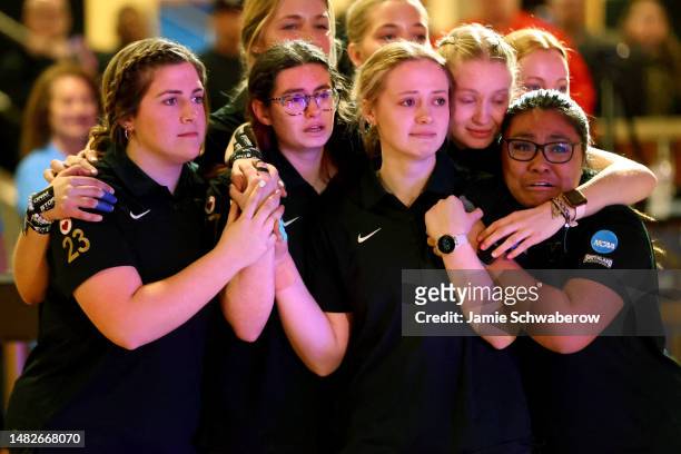 The Vanderbilt Commodores huddle against the Arkansas State Red Wolves during the Division I Womens Bowling Championship held at the South Point...