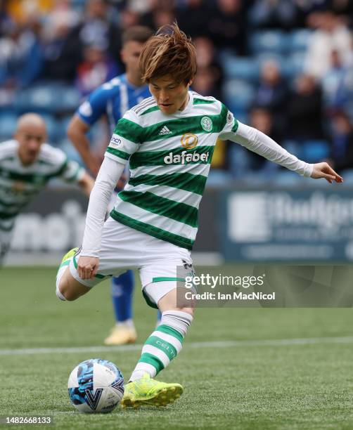Kyogo Furuhashi takes a penalty during the Cinch Scottish Premiership match between Kilmarnock FC and Celtic FC at on April 15, 2023 in Kilmarnock,...