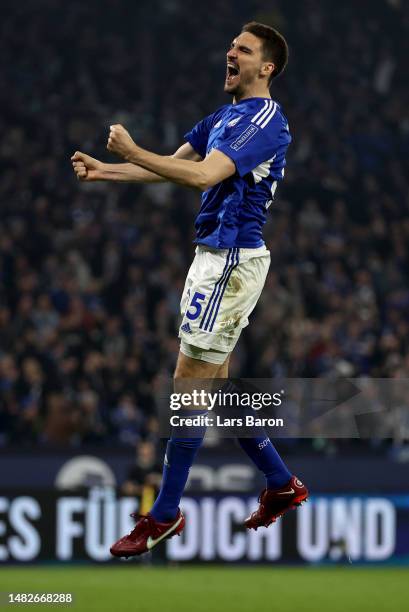 Marcin Kaminski of Schalke celebrates after scoring his teams fifth goal during the Bundesliga match between FC Schalke 04 and Hertha BSC at...