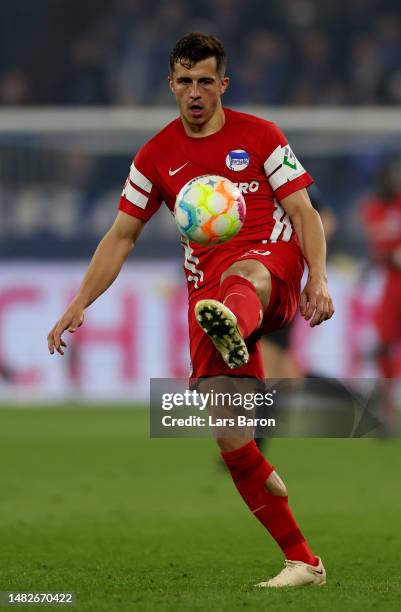 Marc Oliver Kempf of Hertha BSC runs with the ball during the Bundesliga match between FC Schalke 04 and Hertha BSC at Veltins-Arena on April 14,...