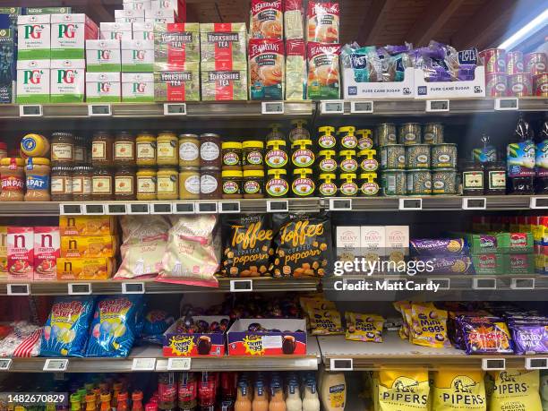 British produce and products such as Marmite and PG Tips tea bags are displayed in the aisle in a supermarket in the village of St Jean d'Aulps on...