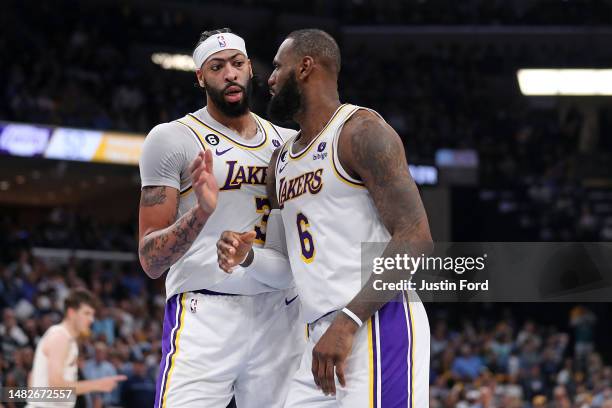 Anthony Davis of the Los Angeles Lakers and LeBron James of the Los Angeles Lakers during the first half against the Memphis Grizzlies during Game...