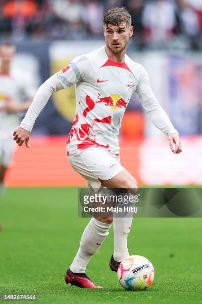 Timo Werner of RB Leipzig controls the ball during the Bundesliga match between RB Leipzig and FC Augsburg at Red Bull Arena on April 15, 2023 in...