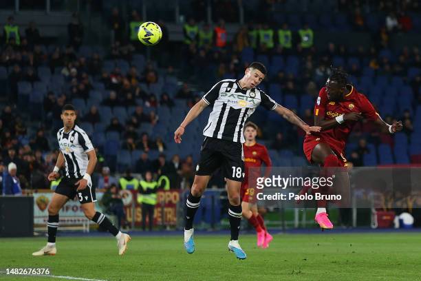 Tammy Abraham of AS Roma scores the team's third goal during the Serie A match between AS Roma and Udinese Calcio at Stadio Olimpico on April 16,...