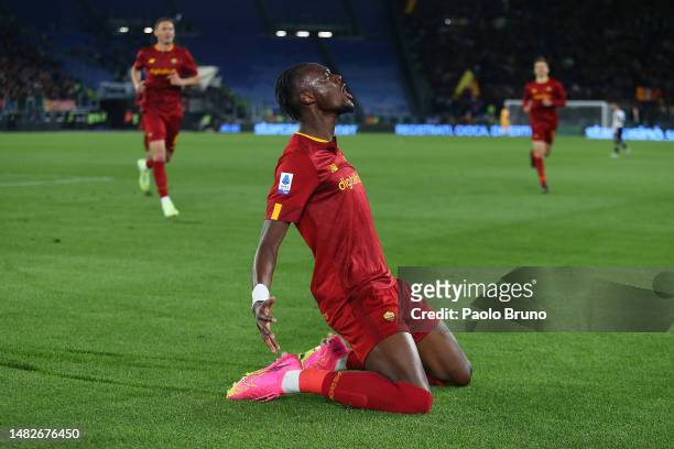 Tammy Abraham of AS Roma celebrates after scoring the team's third goal during the Serie A match between AS Roma and Udinese Calcio at Stadio...