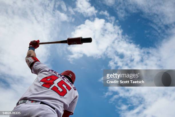 Joey Meneses of the Washington Nationals warms up during the seventh inning against the Cleveland Guardians at Nationals Park on April 16, 2023 in...
