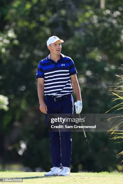 Jordan Spieth of the United States reacts to his tee shot on the 14th hole during the final round of the RBC Heritage at Harbour Town Golf Links on...