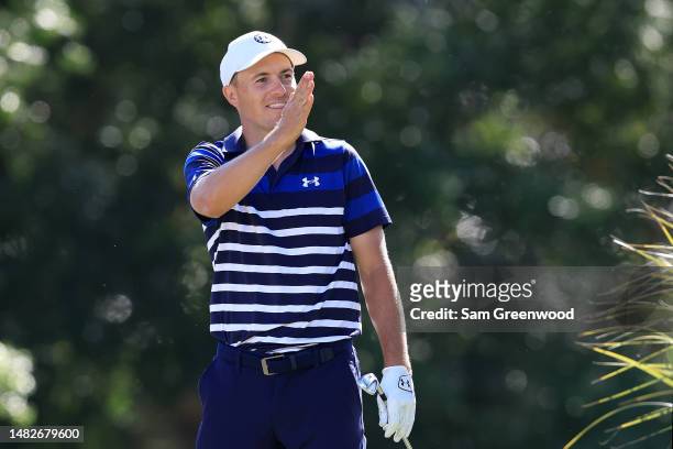 Jordan Spieth of the United States reacts to his tee shot on the 14th hole during the final round of the RBC Heritage at Harbour Town Golf Links on...