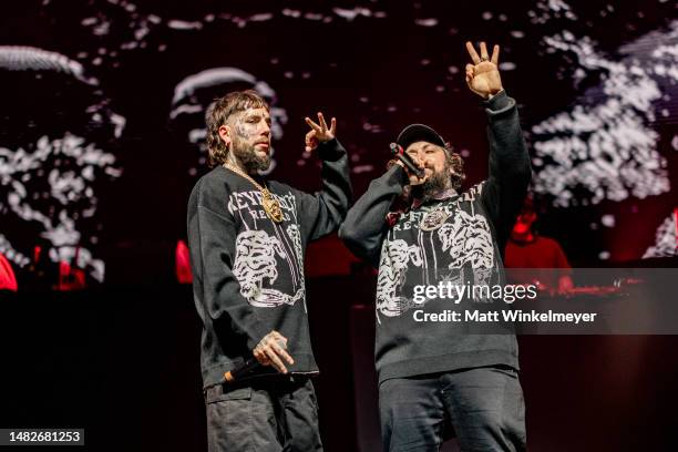 Crim and Ruby da Cherry of $uicideboy$ perform at the Sahara tent during the 2023 Coachella Valley Music and Arts Festival on April 15, 2023 in...