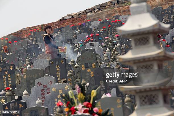 In a photograph taken on April 3 a Chinese woman prays at the tomb of a family member during the annual "Qingming" festival or Tomb Sweeping Day at a...